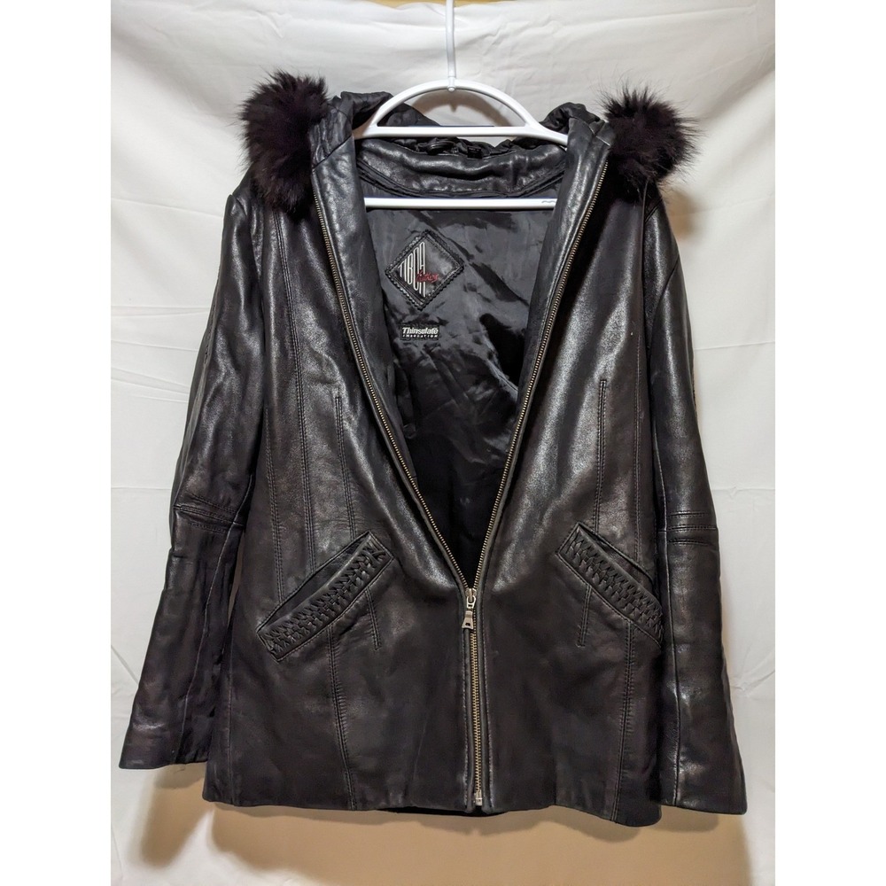 IRIA Leathers Black Leather Hooded Jacket Fur Trim Thinsulate L